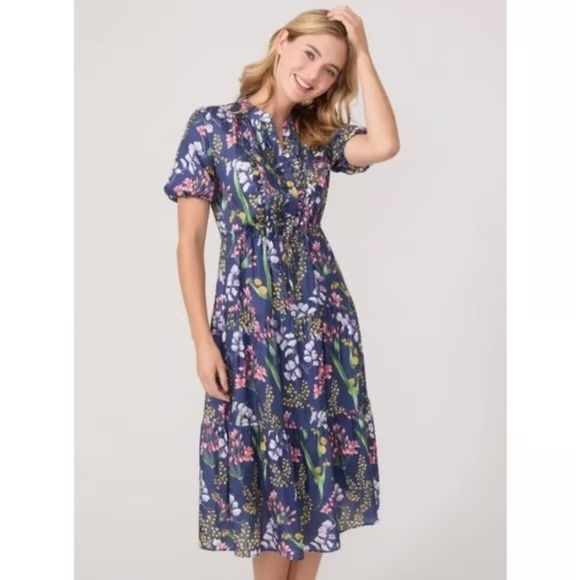 J.McLaughlin Dresses & Skirts - J.McLaughlin Silk Blend Floral Tiered Midi Dress Blue Ruffle Neck Pockets XL